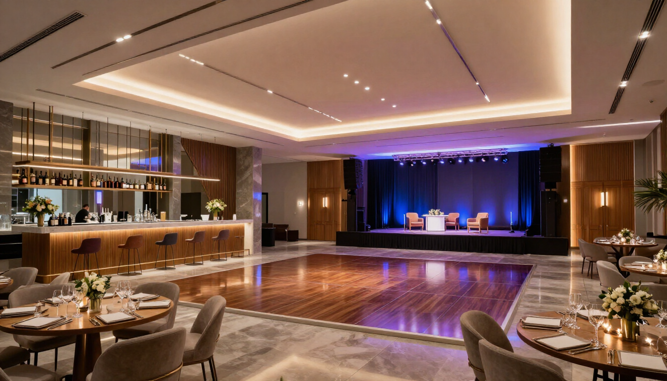 Elegante salón de banquetes con pista de baile pulida, mesas de comedor y un escenario iluminado en azul al fondo