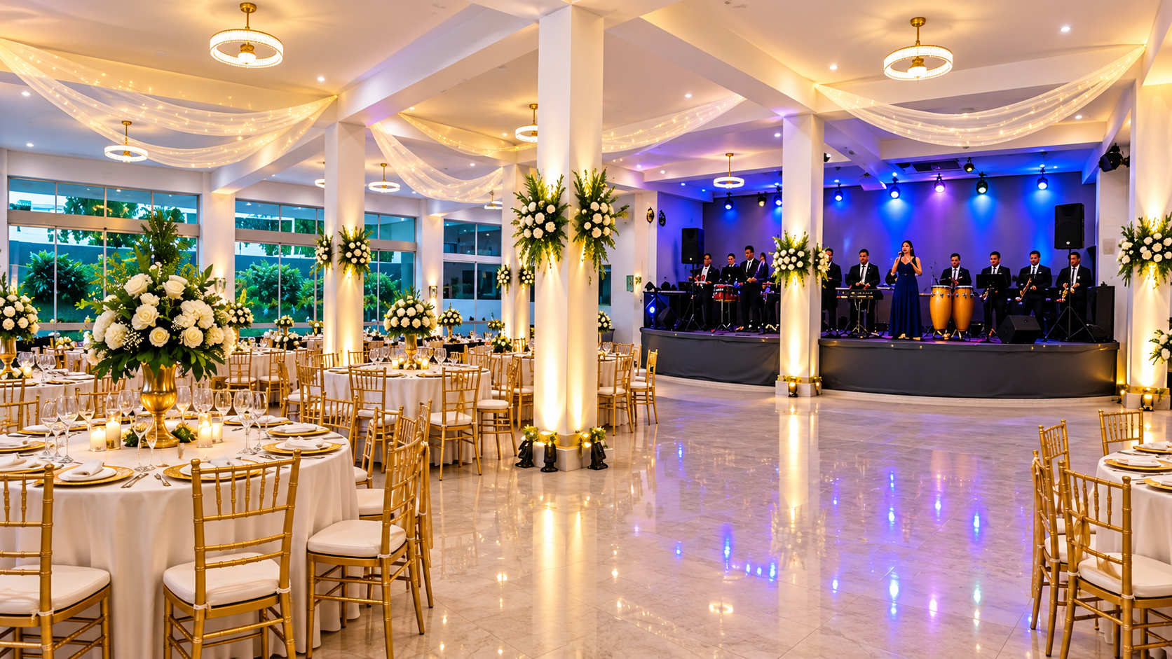 Elegante salón de banquetes con sillas doradas, centros de mesa florales y un escenario iluminado al fondo