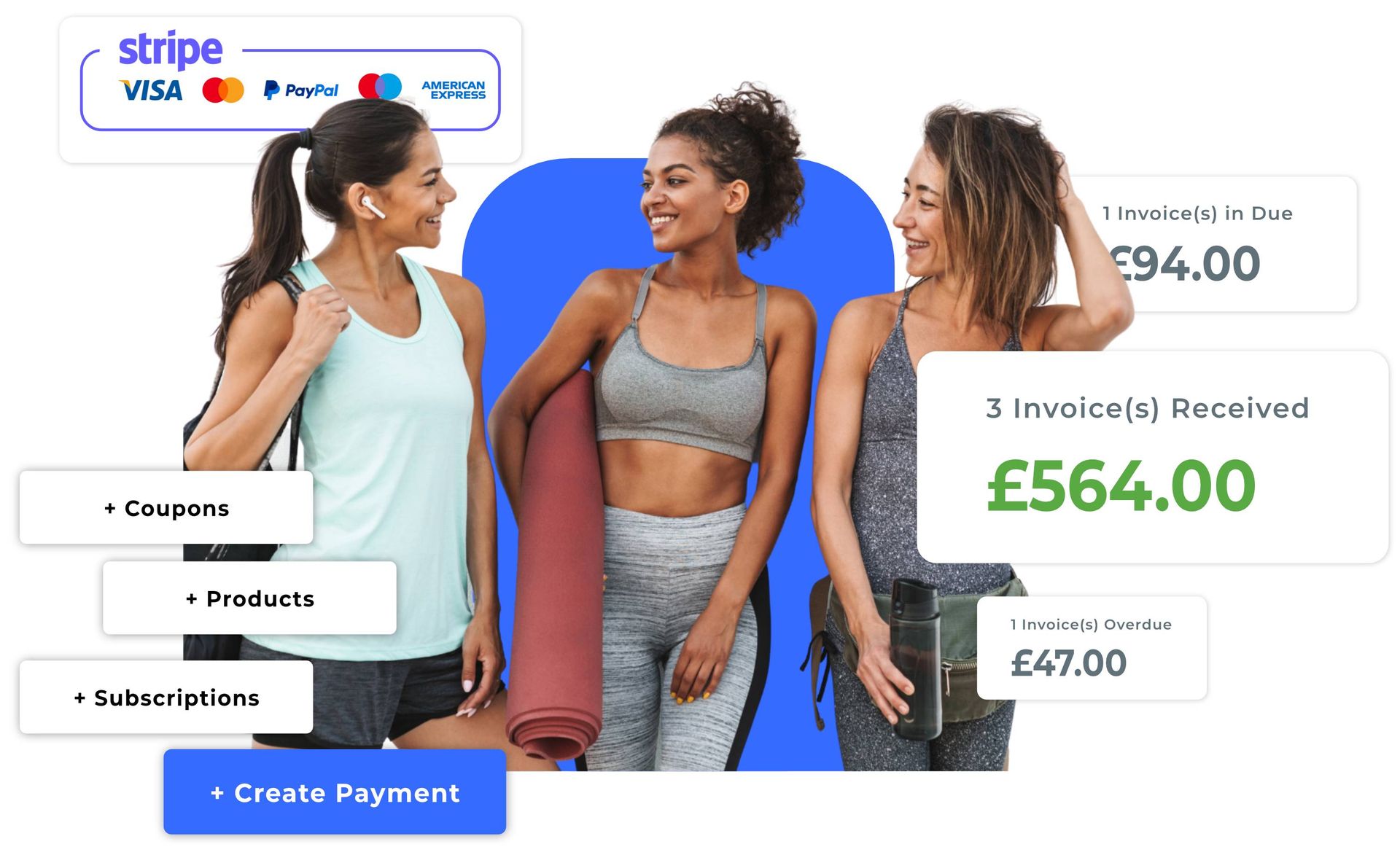 Three women are standing next to each other holding yoga mats.