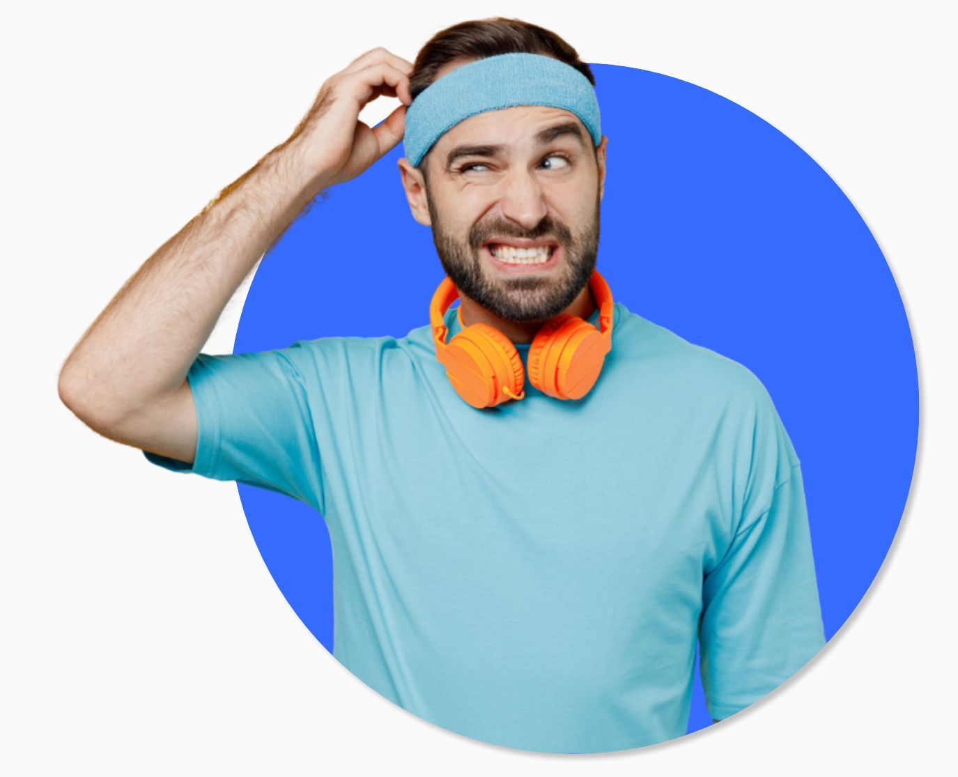 A man wearing headphones and a headband is scratching his head.