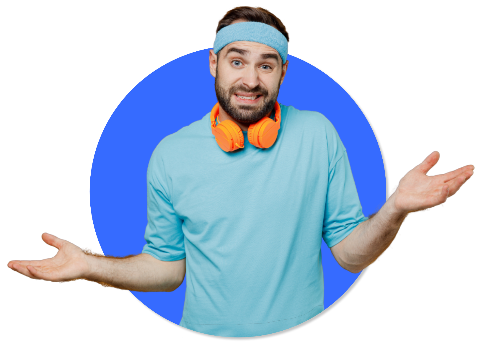 A man wearing headphones and a headband is shrugging his shoulders.