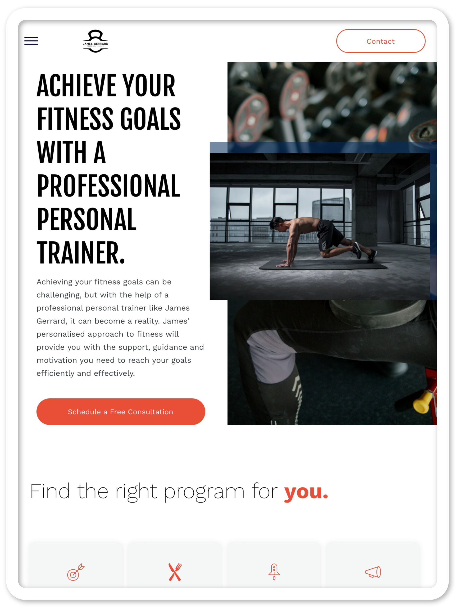 A screenshot of a website that says achieve your fitness goals with a professional personal trainer.