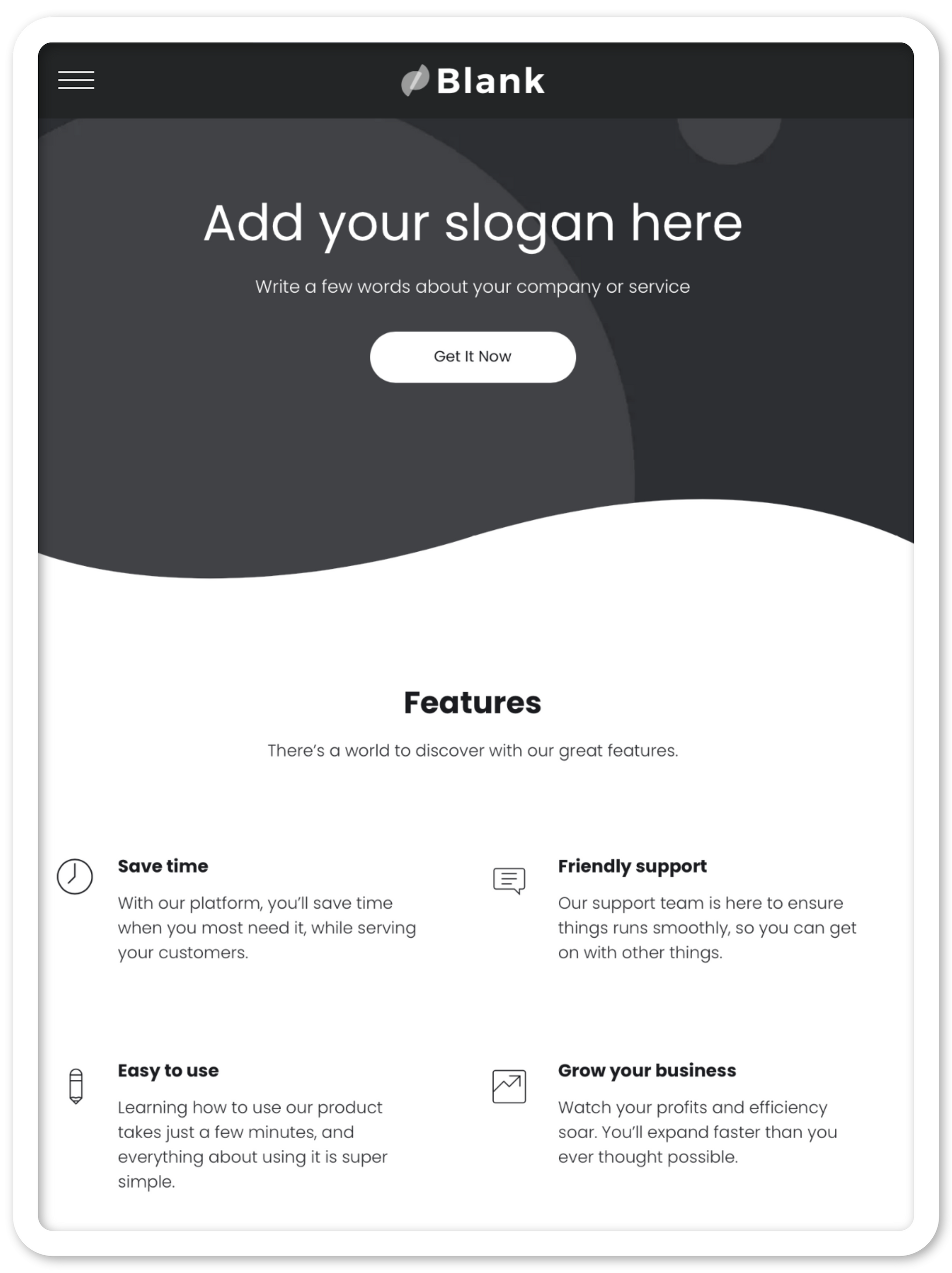 A screenshot of a website on a tablet that says `` add your slogan here ''.