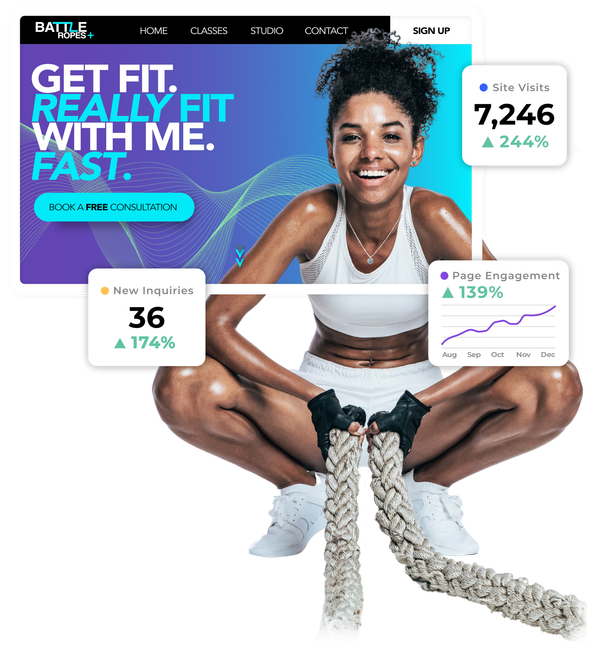 A woman is squatting down with a rope in front of a website that says get fit really fit with me