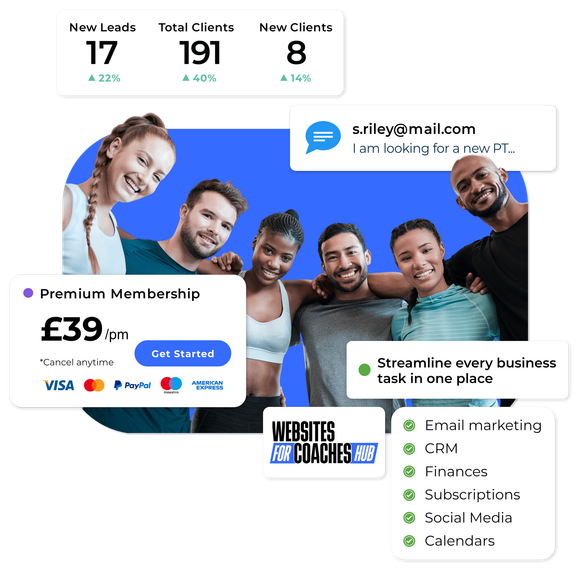 A group of people standing next to each other on a blue background
