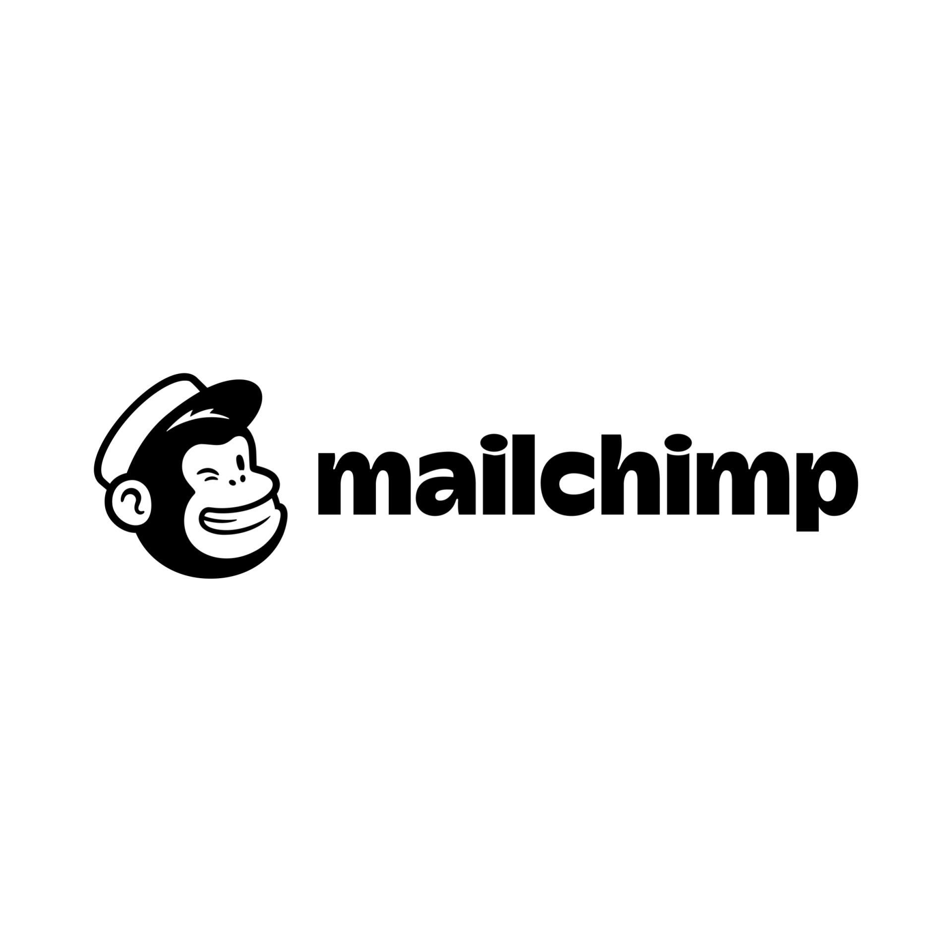 A black and white logo for mailchimp with a monkey wearing a hat.