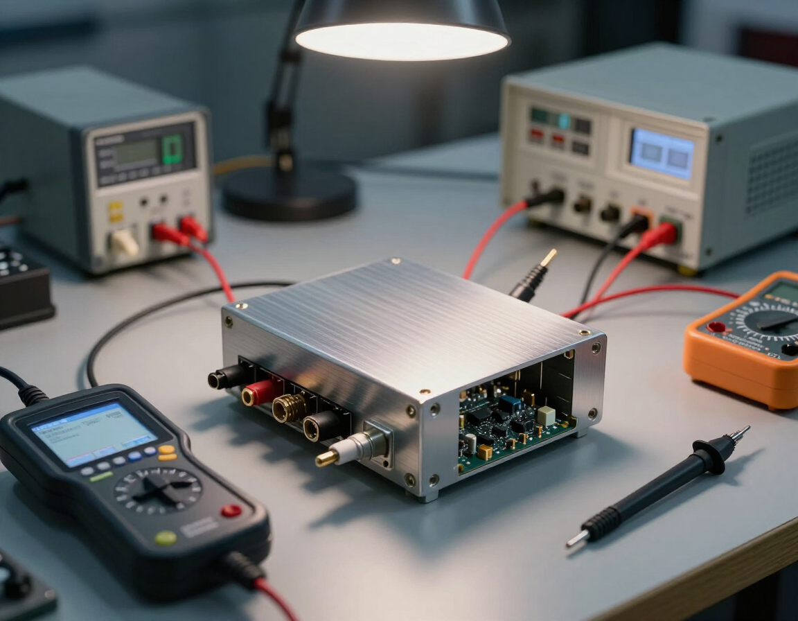 Automotive ECU immobiliser module being tested on a workbench with diagnostic tools