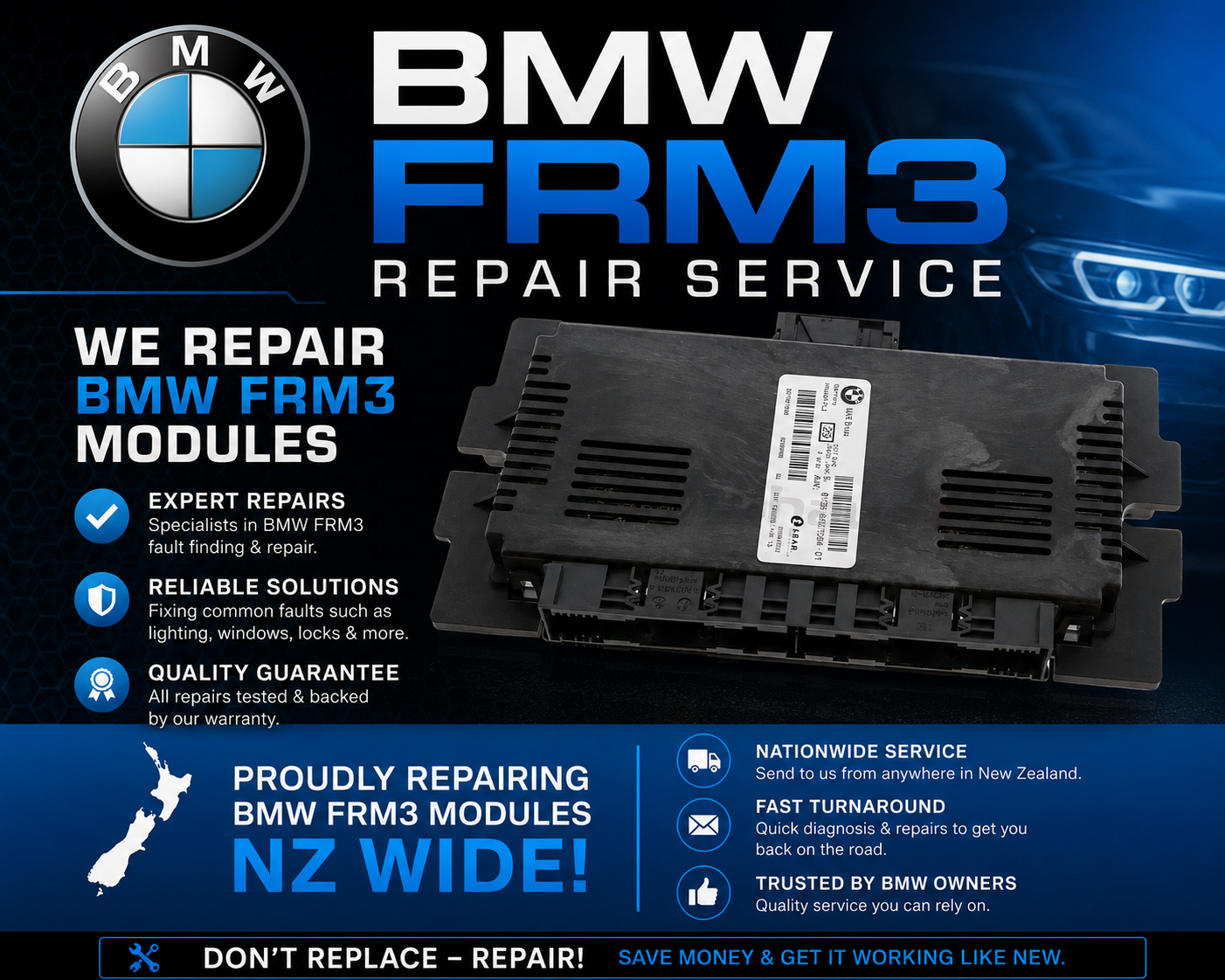 BMW FRM3 repair service ad with module photo, blue and black design, “we repair BMW FRM3 modules” text