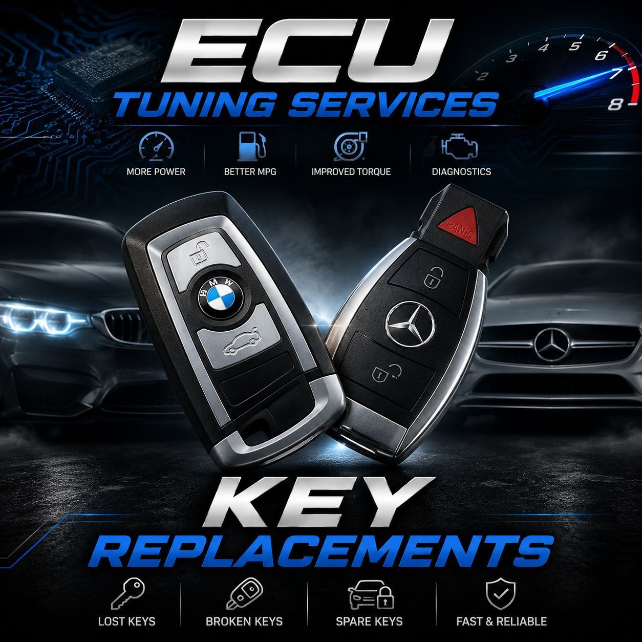 BMW FRM3 repair service ad with module photo, blue and black design, “we repair BMW FRM3 modules” text