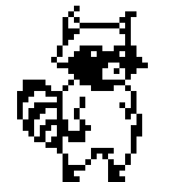 Pixel art raccoon with black and white fur, standing upright.