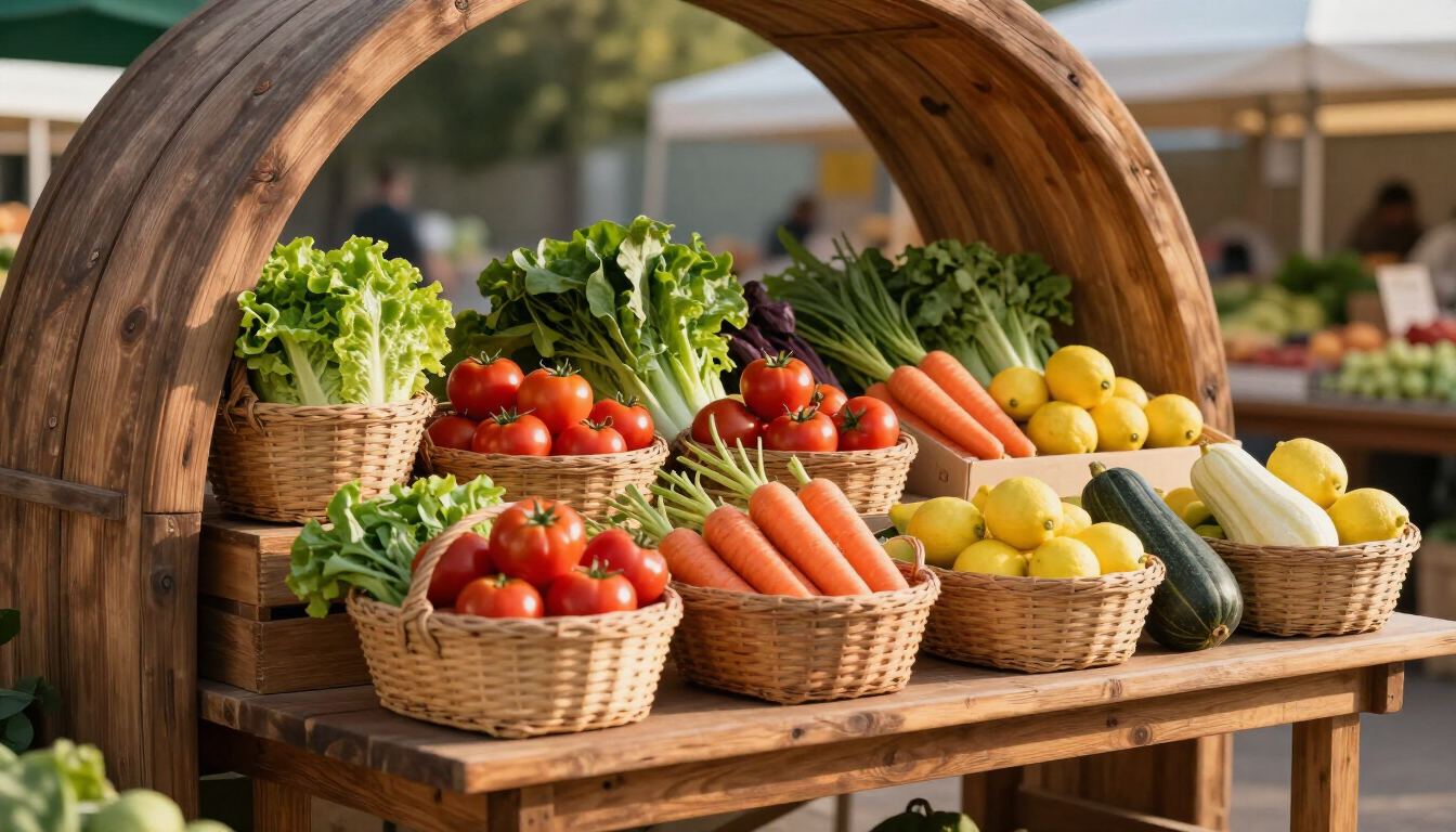 A rounded-arch view of a farmers market with wooden stall tables and baskets of produce in morning light