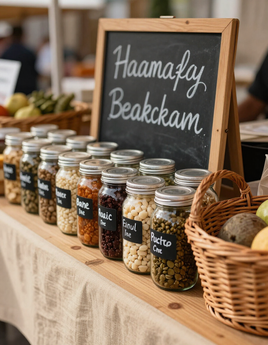 A warm market stall detail with hand-labeled jars on a cloth-covered table, chalk signage, and a wicker basket