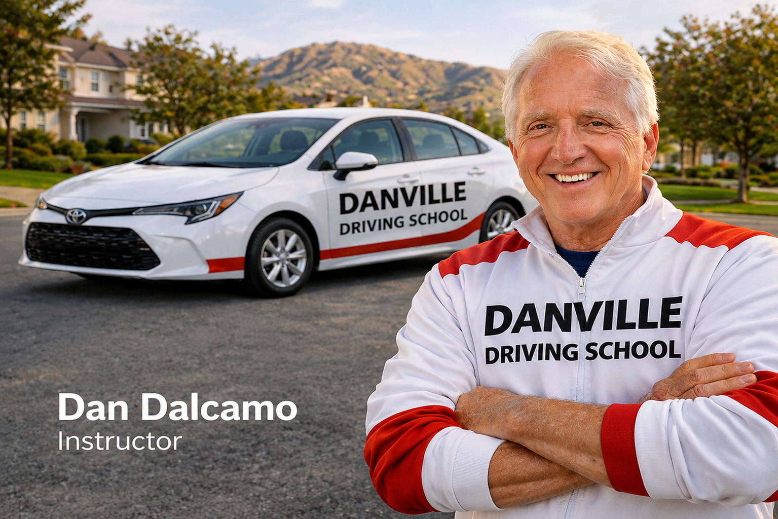 Dan Dalcamo in front of a Danville Driving School car, smiling with arms crossed.