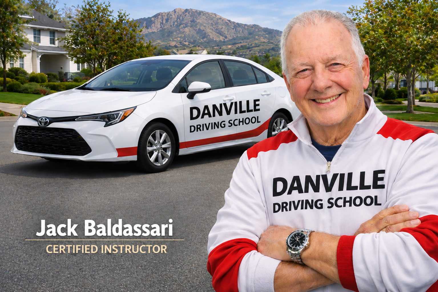 Jack Baldassari of Danville Driving School smiling beside a white car with mountains in the background