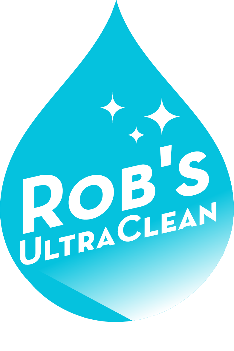 Logo for Robs UltraClean: pressure washer spraying blue water; black and blue text.