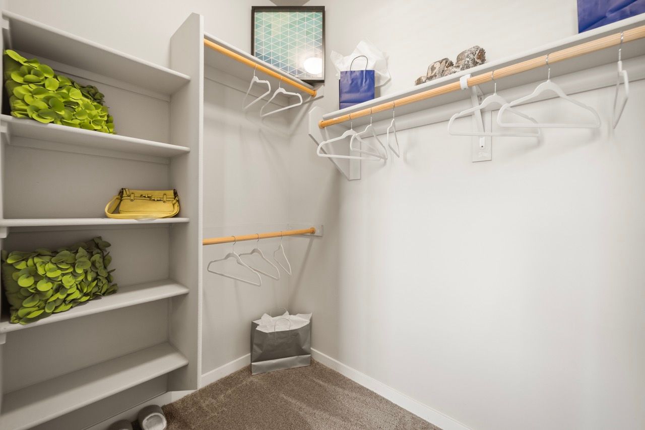 Walk-in closet with built-in shelves, rods, and hangers.