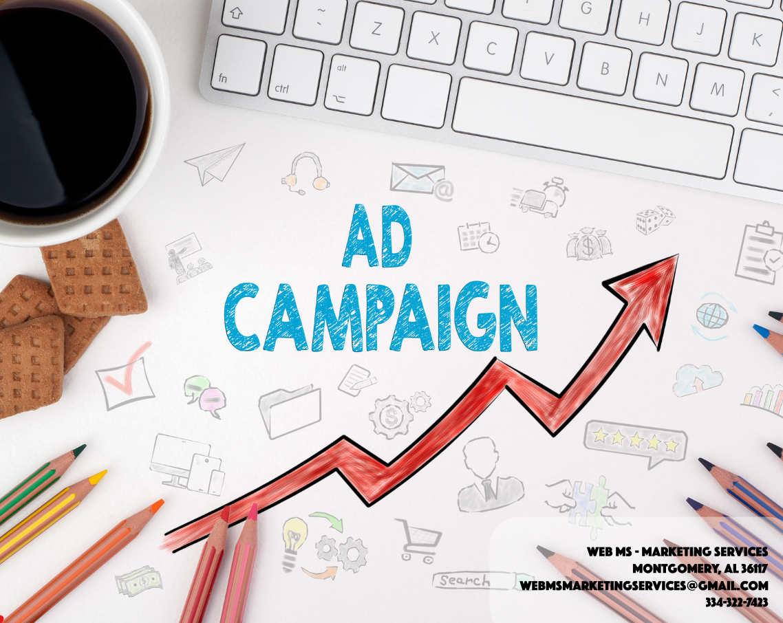A cup of coffee and a drawing of an arrow with the words ad campaign written on it.