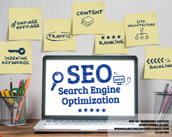 A laptop is sitting on a desk with sticky notes on the wall that say seo search engine optimization