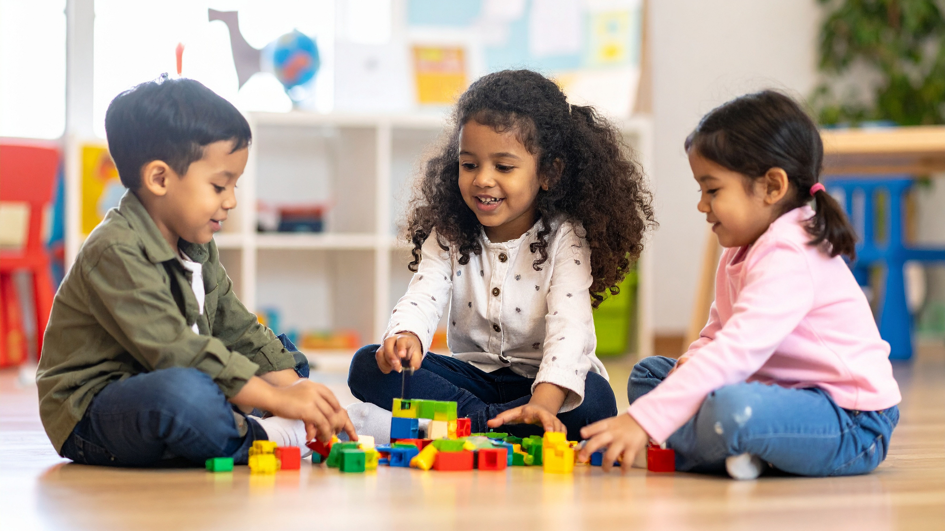 Three diverse children happily playing with colorful blocks on a classroom floor.