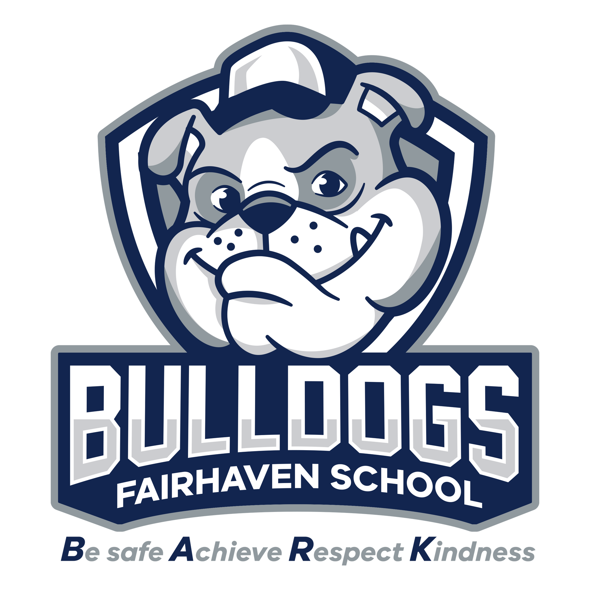 School logo: Bulldog mascot in a shield,