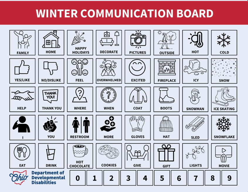 Winter Communication Board with winter-themed icons: family, home, cold, snow, and others. Numbers at the bottom.
