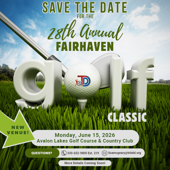 Golf classic event save the date, with golf ball and club on green grass.