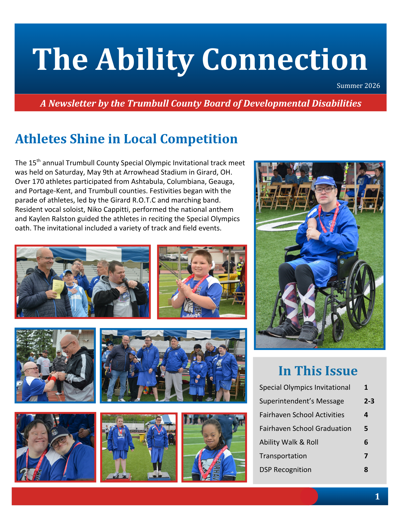 Newsletter: Athletes celebrate ability at Armuchee Stadium. Team photos and action shots.