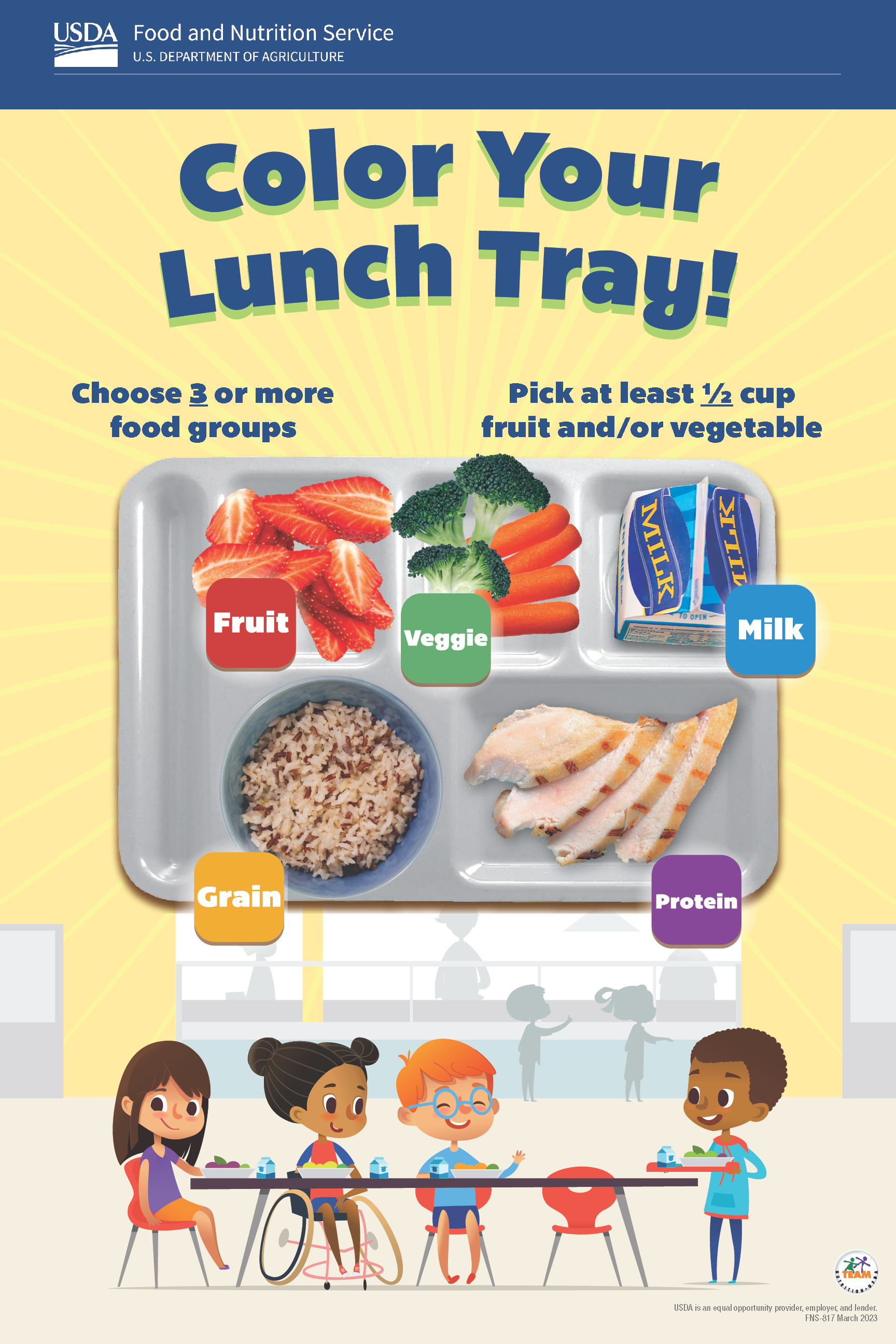 School lunch tray graphic, encouraging children to choose food groups. Food examples include fruits, vegetables, grains, milk and protein.