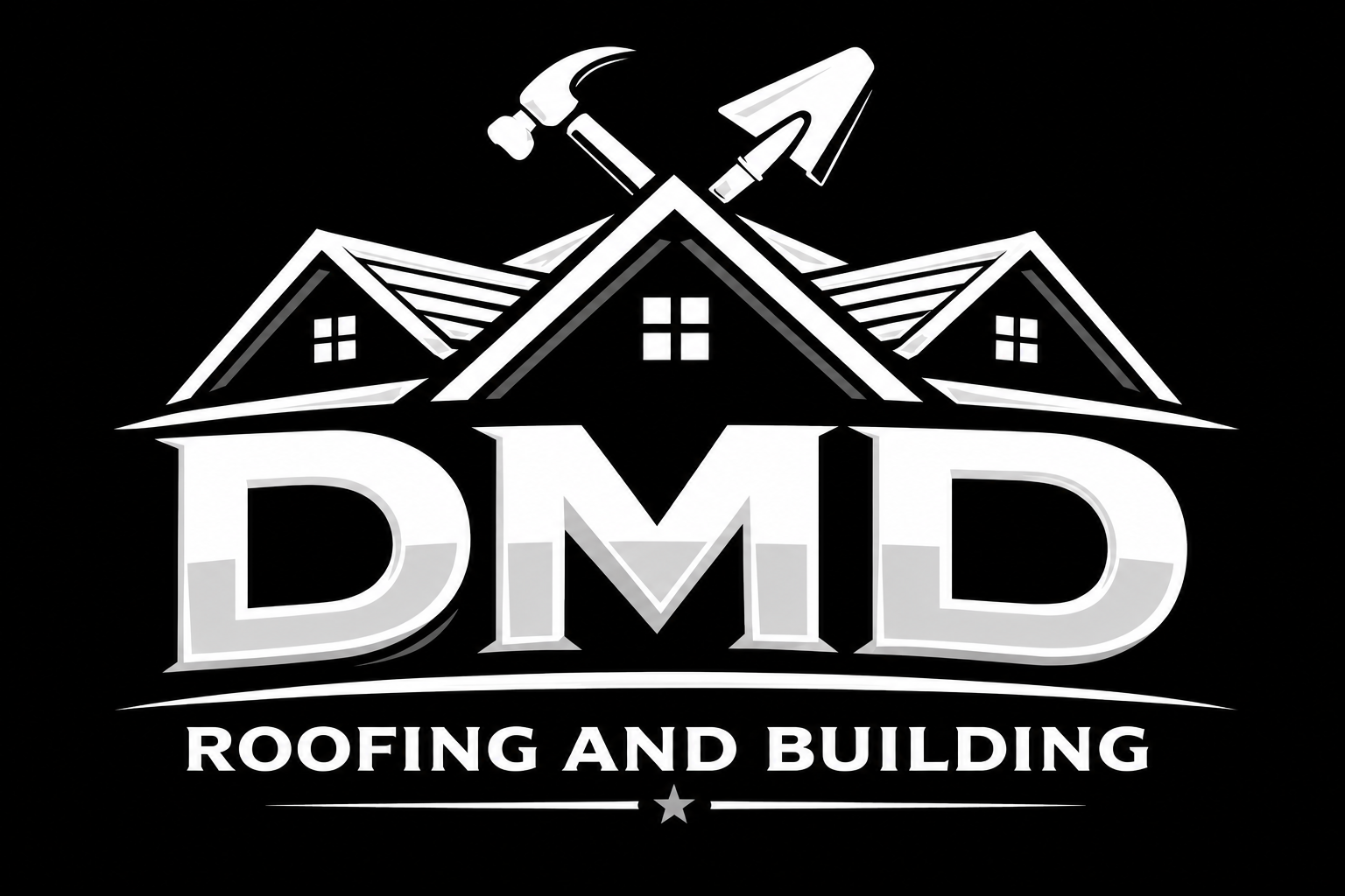 DMD Roofing and Building logo with house rooftops and crossed hammer and trowel on black background