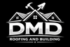 DMD Roofing and Building logo with house rooftops and crossed hammer and trowel on black background
