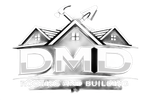Black-and-white DMD Roofing and Building logo with stylized house roof and tools