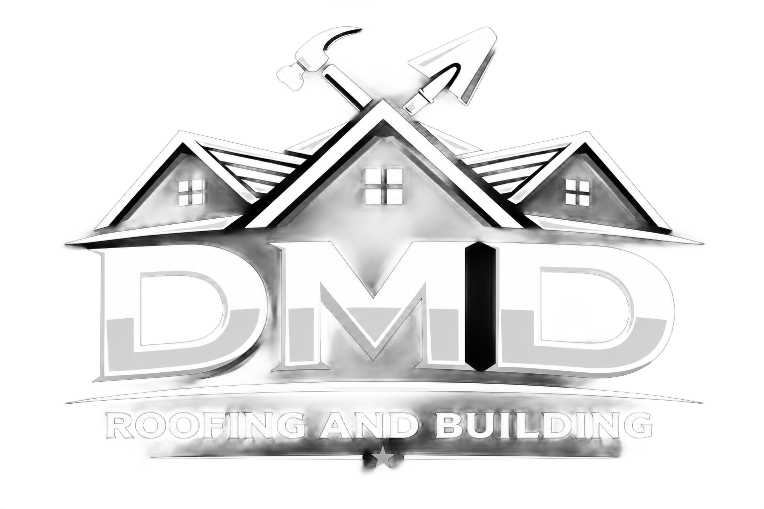 Black-and-white DMD Roofing and Building logo with stylized house roof and tools