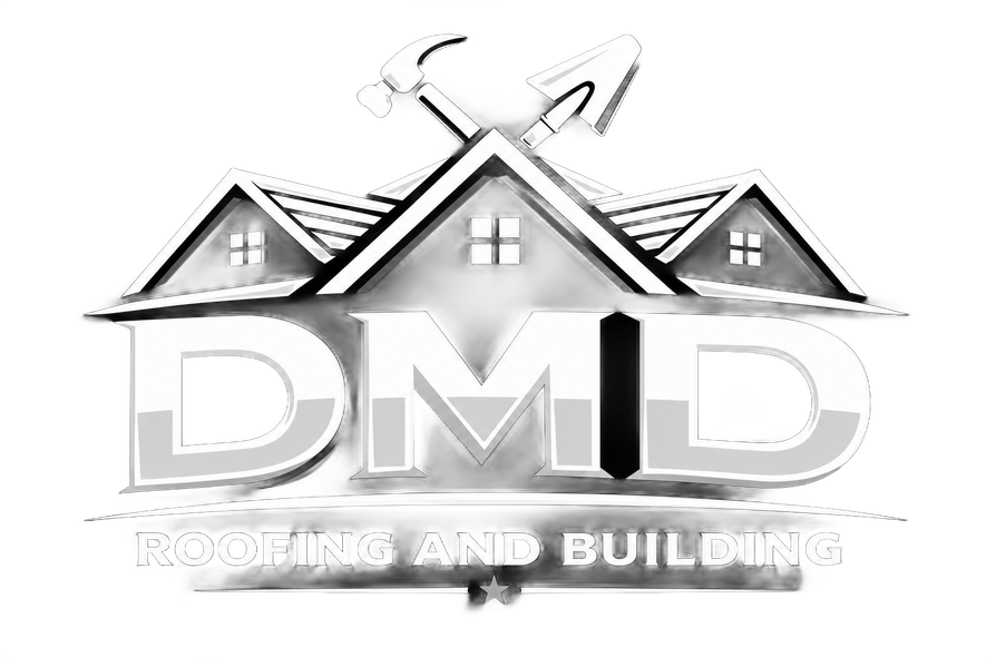Black-and-white DMD Roofing and Building logo with stylized house roof and tools
