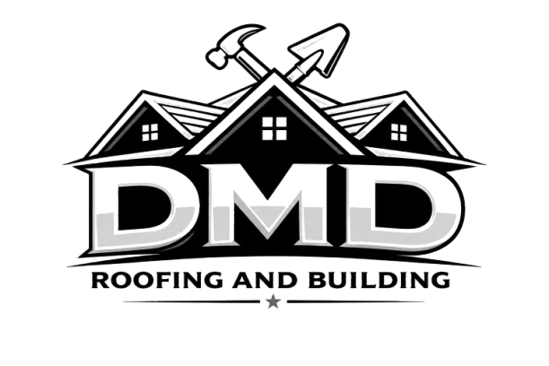 DMD Roofing and Building logo with house roof and crossed tools in black and white
