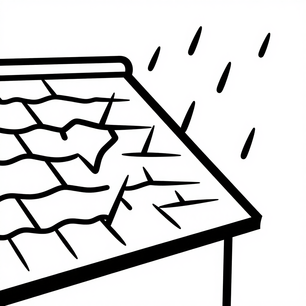 Damaged roof with missing shingles and rain falling onto it