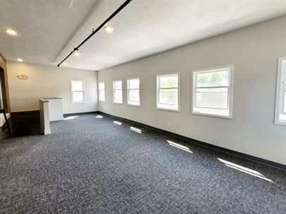 Empty carpeted room with gray walls, white trim, and several windows letting in sunlight