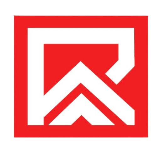 Red geometric logo with a white angular house or chevron shape inside a red square border
