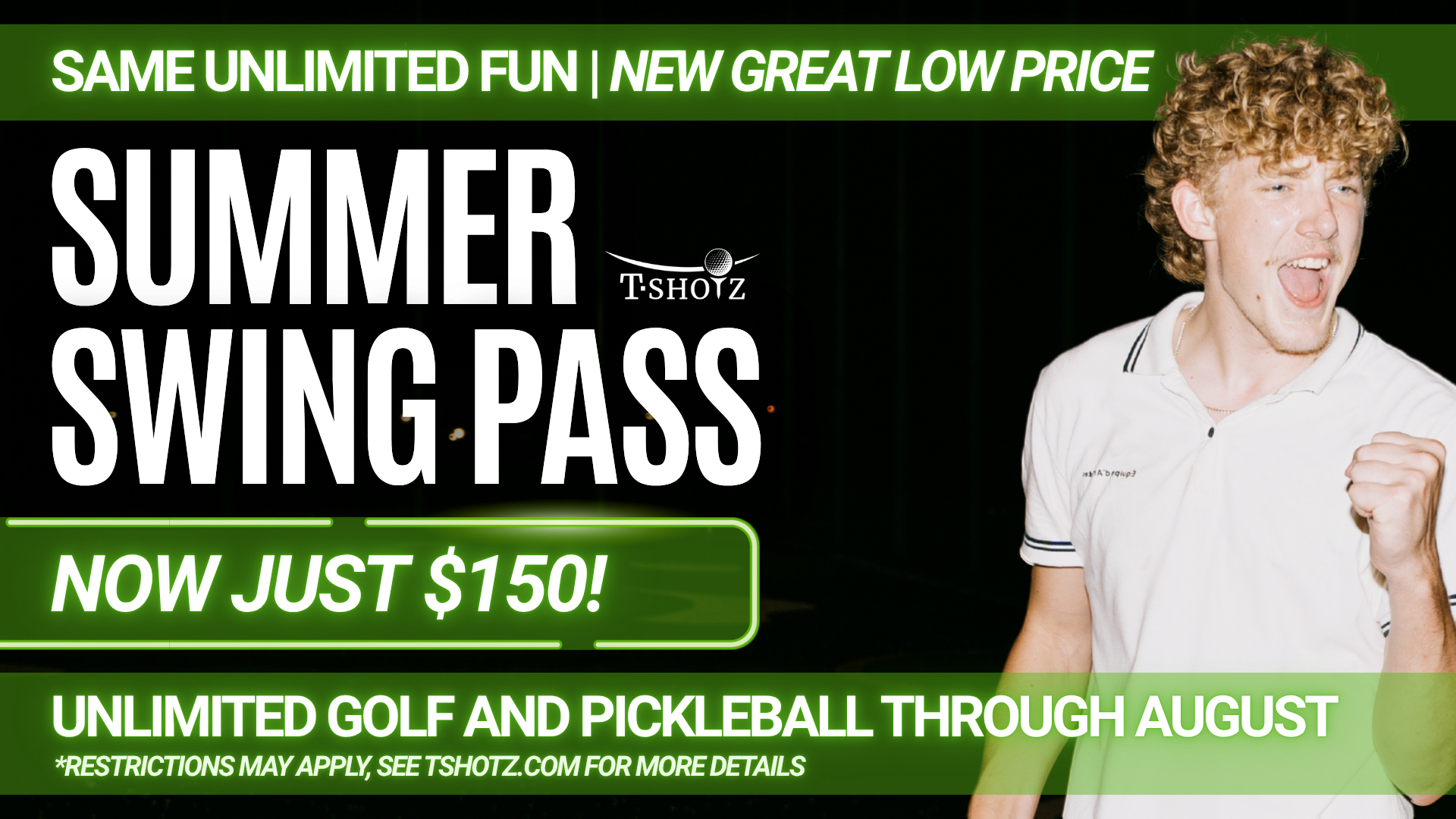 Silhouette of golfer with text: