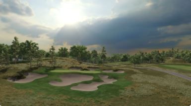 A computer generated image of a golf course with a cloudy sky in the background.