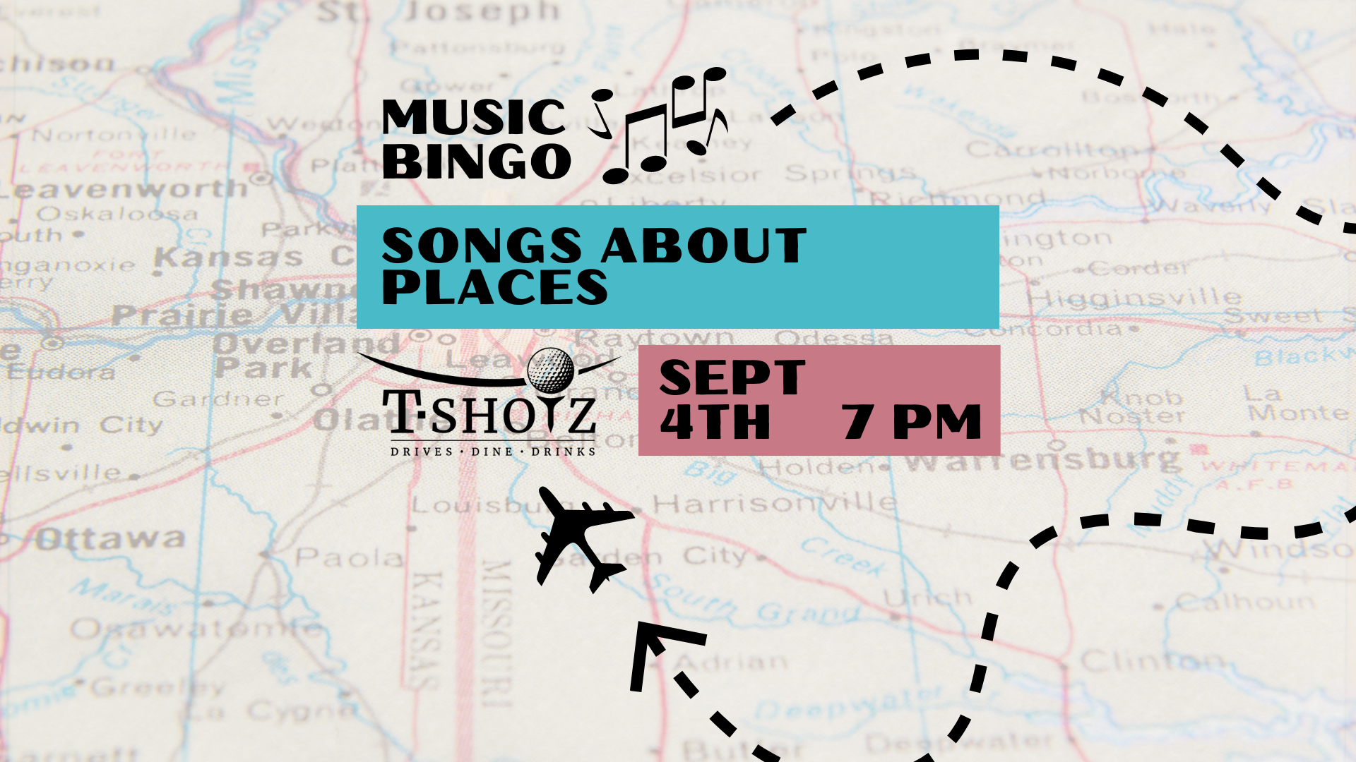 A map with the words music bingo songs about places on it