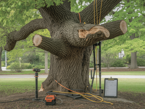 A worker in safety gear cuts a tree limb while positioned in the yellow bucket of an aerial lift.