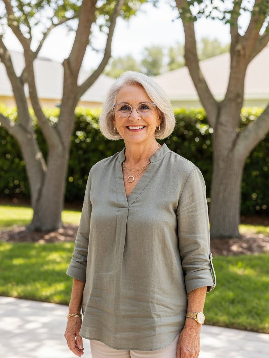 A person with short white hair and glasses smiles in an olive green top, standing outdoors in front of trees.