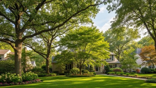 A two-story suburban house set back on a lush green lawn, framed by large, mature trees under a bright summer sky.
