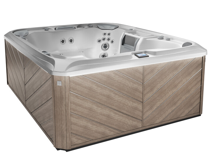 A white hot tub with a wooden base on a white background