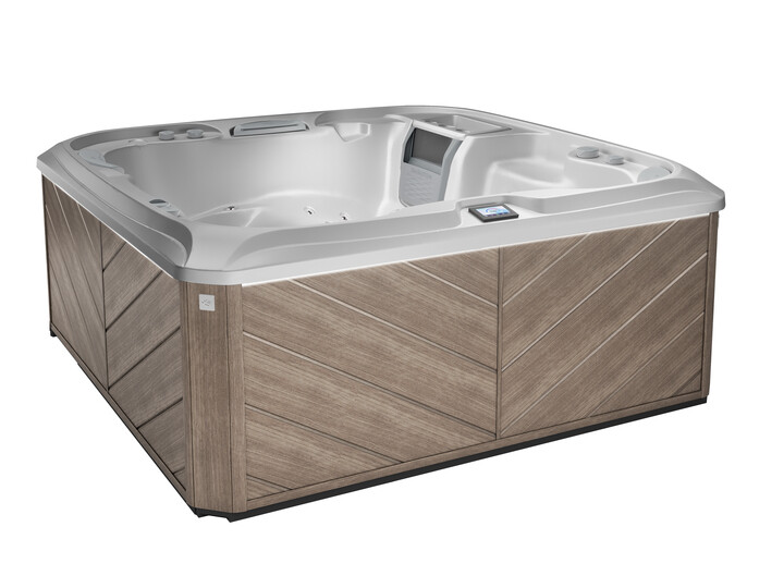 A hot tub with a wooden base and a white top
