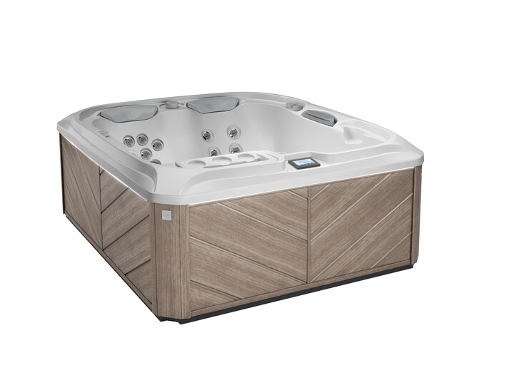 A hot tub with a wooden base on a white background.