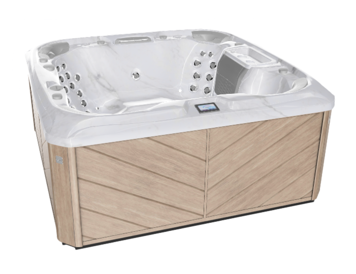 A white hot tub with a wooden base on a white background.