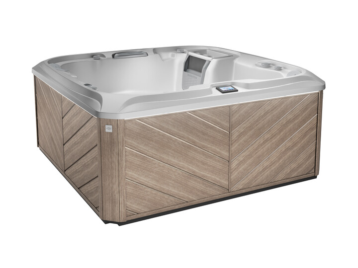 A square hot tub with a wooden base on a white background.