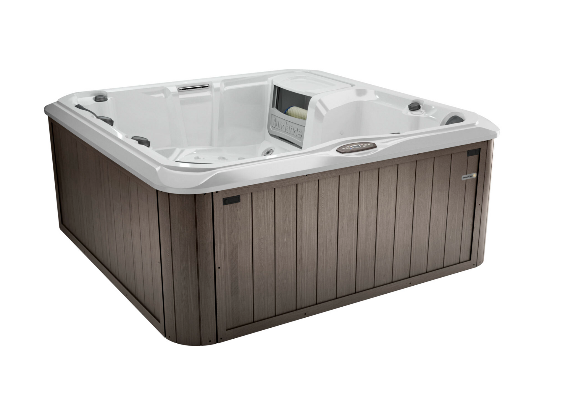 A square hot tub with a wooden base on a white background.