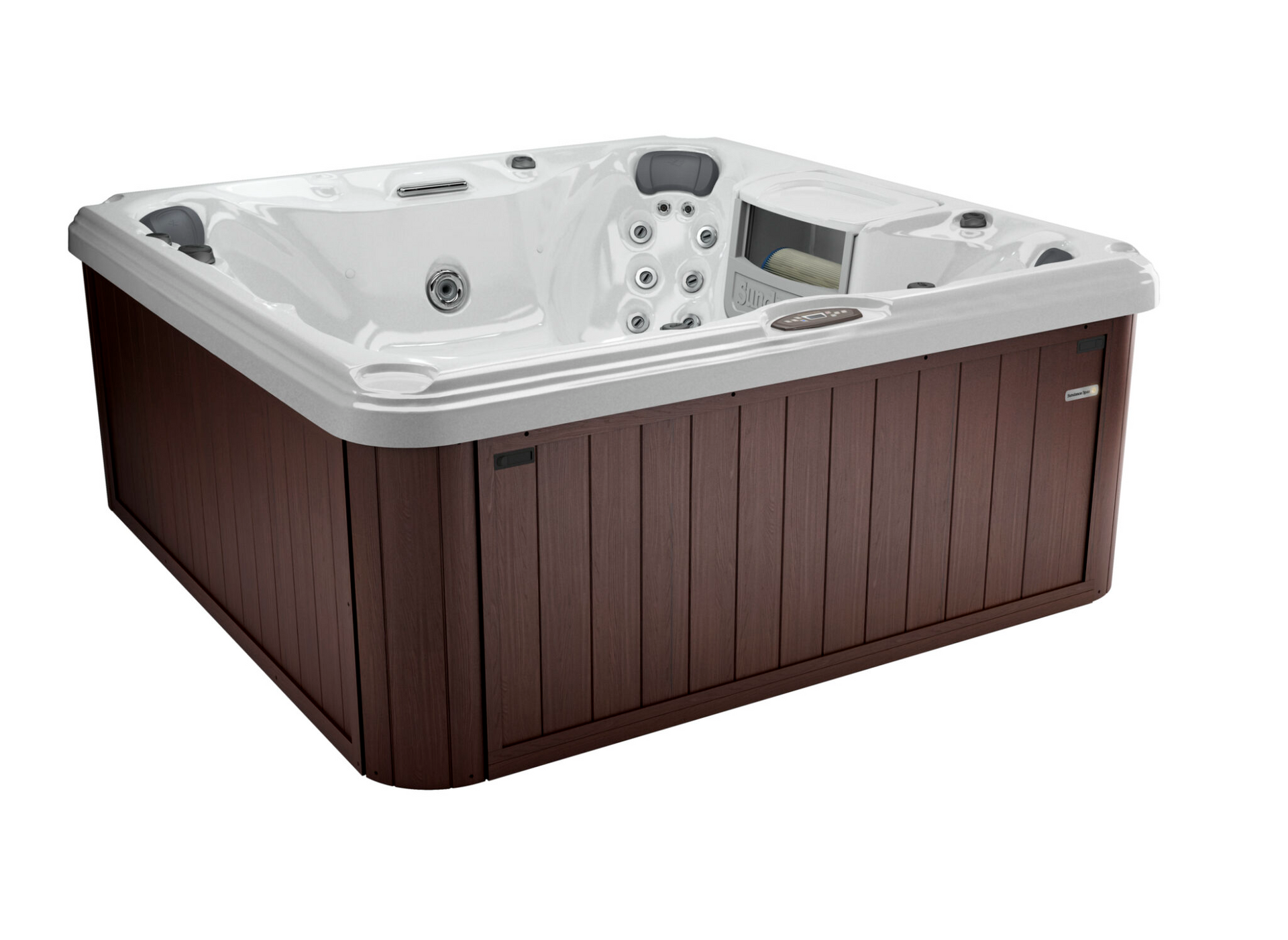 A white and brown hot tub with a wooden base on a white background.